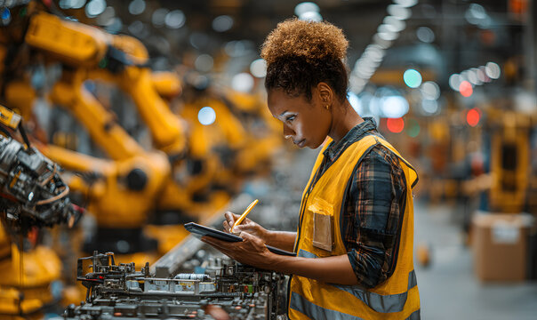 The female safety officer is operating the automated robots in the factory to achieve the best working condition. Business, advertising, sustainable development, wallpaper, background, base image