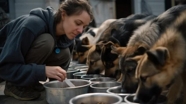 Heartfelt Nourishment: A compassionate caretaker provides sustenance to a row of eager dogs, showcasing dedication and care within an animal sanctuary. A moment of empathy and connection.