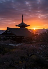 Sunrise Serenity: Japanese Temple Silhouette at Dawn