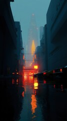 Obraz premium Misty urban landscape with glowing reflections.