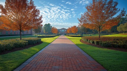 Autumnal Campus Pathway: A Serene Brick Road Leading to Academic Building