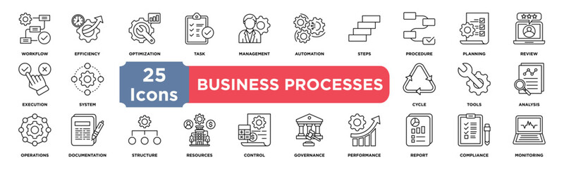 Business Processes icon collection set. Containing workflow,efficiency,optimization,task,management,automation,steps,procedure,planning,execution icon. Simple line vector.