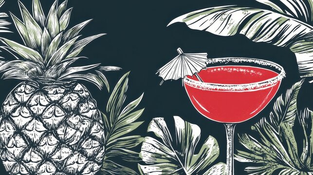 Retro tropical night with cocktail design blending botanical ele