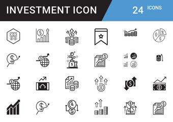 Investment Icons editable vector set Finance, Money, Growth, ROI, Stock Market, Cryptocurrency, Assets, Wealth, Banking, Profit, Savings, Portfolio, Risk, Capital, Trading
