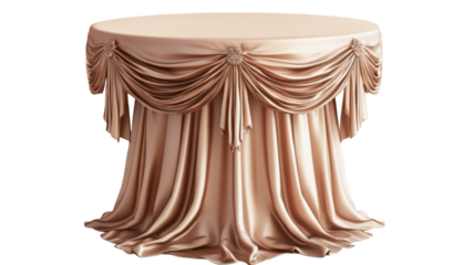 High round wooden table adorned with softly swagged elegant cloth draping isolated on white background