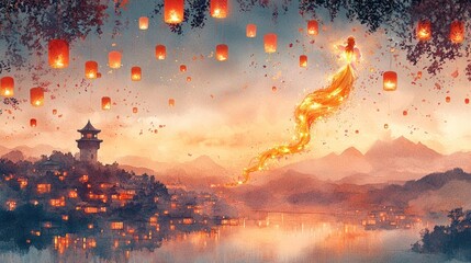 A mystical figure ascends over a serene valley, illuminated by lanterns
