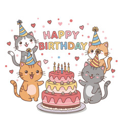 Naklejka premium Four adorable cats in party hats celebrate with a cake, surrounded by hearts and 