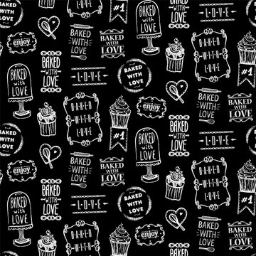 Seamless chalk vintage style hand drawn black and white pattern with baked with love phrases and pastry elements, and symbols