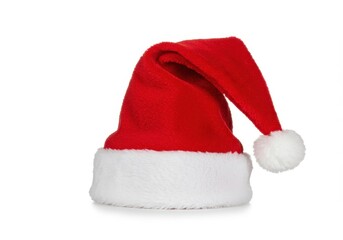 A red santa hat with white fur trim and pompon sits on a white background