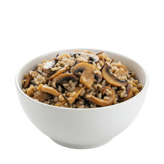 Fototapeta premium A close-up view of a bowl of mushroom rice with a blurred kitchen background