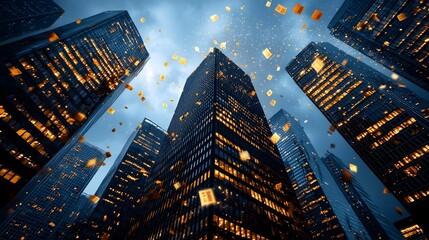 Fototapeta premium Skyscrapers with glowing as dividends rain down showcasing the lucrative returns and growth of the booming market