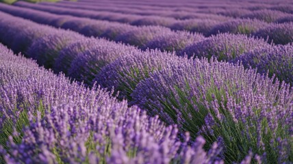 Fototapeta premium Aerial Shot of a Vast Lavender Field in Full Bloom Under Bright Sunny Skies