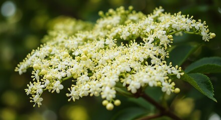 Fototapeta premium Elderflower Bloom: Delicate White Blossoms in Soft Focus