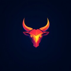 Geometric Bull Head with Horns Red and Yellow on Dark Background