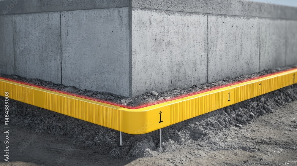 Poster technical drawing of a foundation with highlighted load-bearing zones and calculations