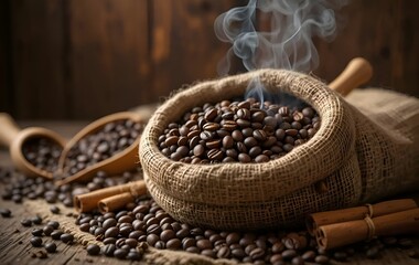 Roasted Coffee Beans with Rising Steam in Rustic Setting