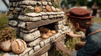 Person kneading bread near stone oven