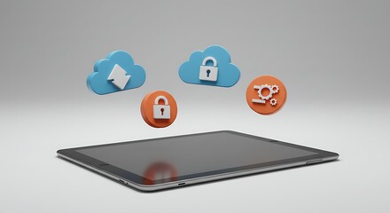 Tablet with Cloud Computing and Security Icons Floating Above