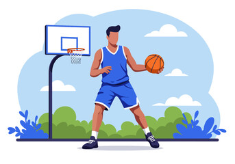 Summer healthy activity: Flat vector illustration of a man playing basketball on an outdoor court under a bright sky. Enjoying an active summer sport