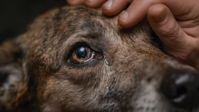 Tears of Loyalty: Intimate portrait captures a moment of profound connection, a tearful dog receives a comforting touch.