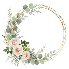 Fototapeta premium “Modern geometric circle wreath made of thin golden frame decorated with eucalyptus, soft greenery and blush flowers, minimal design for weddings or branding” 
