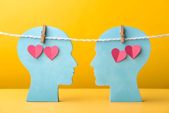 Symbolic representation of love and connection featuring two silhouette heads with pink hearts against a yellow background