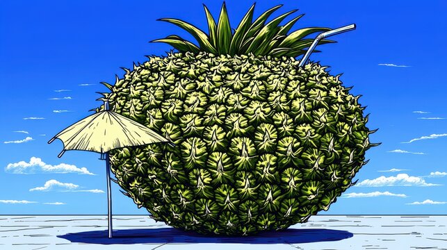 Pixelated pineapple under a parasol on a sunny tropical beach di