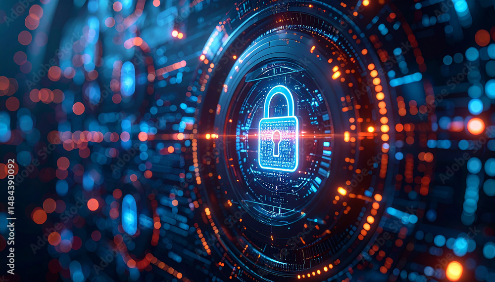 Poster digital security: cyber security concept with glowing padlock and a futuristic digital background.