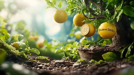 Surreal and imaginative landscape where trees labeled  Dividend bear coin shaped fruits symbolizing the consistent returns and financial growth associated with dividend paying investments