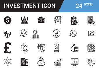 Investment Icons editable vector set Finance, Money, Growth, ROI, Stock Market, Cryptocurrency, Assets, Wealth, Banking, Profit, Savings, Portfolio, Risk, Capital, Trading