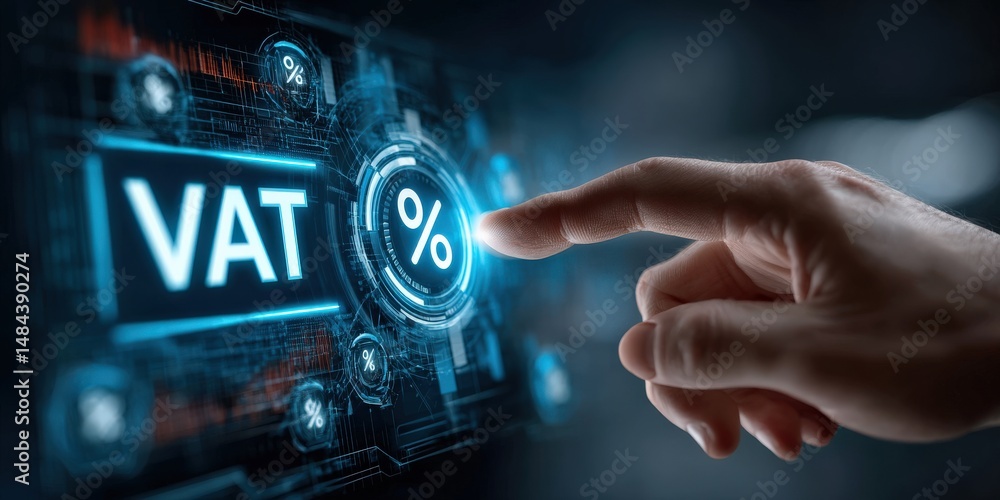 Poster vat technology interface: an individual's hand interacts with a futuristic digital interface, displa