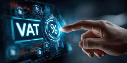 VAT Technology Interface: An individual's hand interacts with a futuristic digital interface, displaying the abbreviation "VAT" and percentage symbols, symbolizing value-added tax in a modern context.