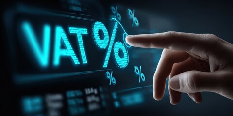VAT Percentage Illustration: A hand points toward a digital display, the glowing letters and the percentage symbols stand out.