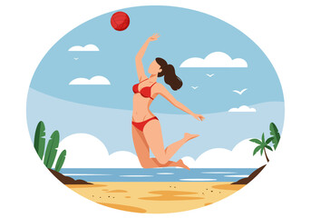 Summer healthy activity: Flat vector illustration of a woman playing beach volleyball on a sunny beach. Active summer beach sport