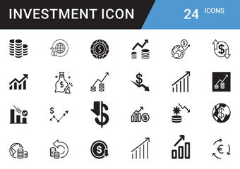 Investment Icons editable vector set Finance, Money, Growth, ROI, Stock Market, Cryptocurrency, Assets, Wealth, Banking, Profit, Savings, Portfolio, Risk, Capital, Trading