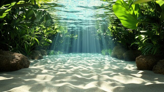 Tranquil underwater scene showing sunbeams through clear water onto a sandy bottom, surrounded by lush green tropical plants in a peaceful aquatic paradise.