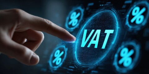 Value Added Tax: Digital interface of VAT with a human index finger pressing a button. Visual representation of VAT, showcasing its digital presence and impact