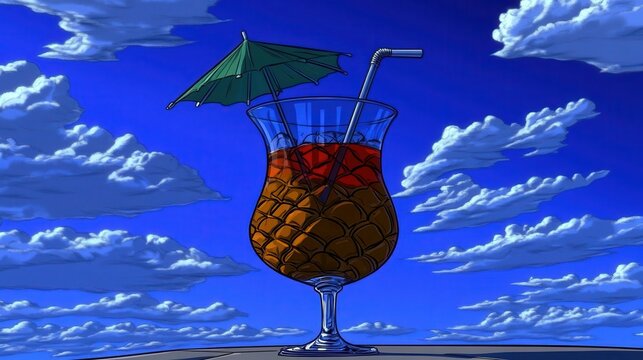 Pixelated paradise vintage beverage under cloudscape a retro gam