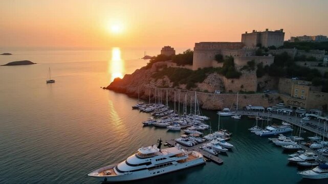 4K aerial view of a sundown over port in an Mediterranean city with a medieval fortress on a rocky hill. City bay with moored yachts and boats with ancient fortress on rocky coast at sunset time