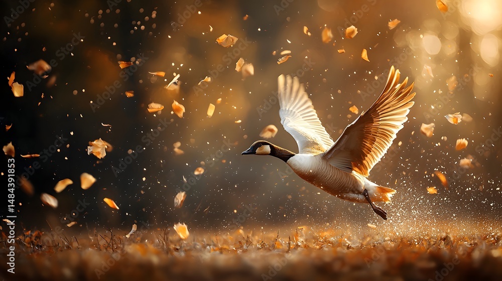 Poster surreal landscape with multiple golden geese flying and dropping dividends like rain symbolizing the