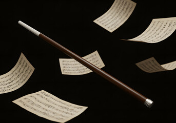 Baton conducting with musical notes floating in dark background