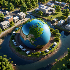 a futuristic cityscape with a large, blue globe at its center. The globe is surrounded by modern buildings, roads, and a river.