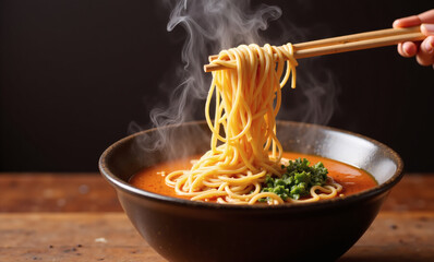 Golden Noodles Dancing in Air, Chopsticks Suspended Over Steaming Ramen Bowl, Delicate Spiral Steam, Mystical Atmosphere, Warm Dark Background, Asian Cuisine, Food Photography, Appetizing Noodles