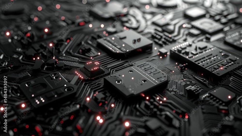 Fototapete Abstract picture of chip on complex circuit with digital technology style design and the electric light graphic show dynamic movement represent about processor algorithm process on computer. AIG53.