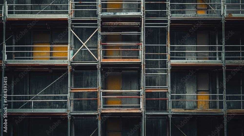 Poster view of multiple scaffolding layers around a large structure ready for exterior cladding