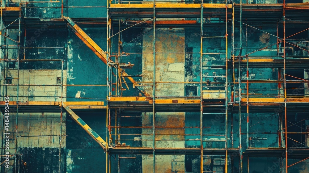 Poster view of multiple scaffolding layers around a large structure ready for exterior cladding