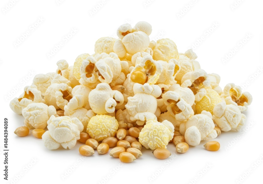Poster a pile of popcorn and corn kernels are displayed on a white surface in a studio setting