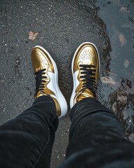 Gold And White Sneakers On Wet Asphalt