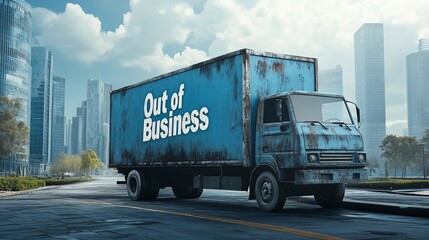 Out of Business Truck on City Street: Economic Downturn and Closure