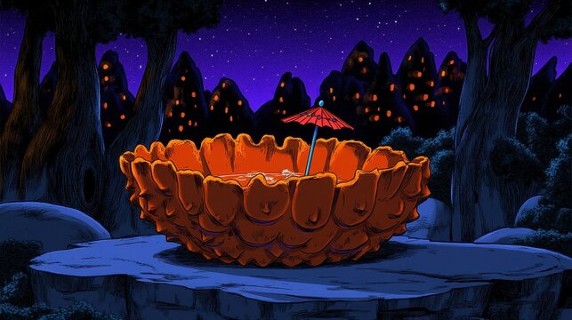 Enchanting Pixelated Forest Nightscape with Glowing Bowl in a Dreamlike Pixel Art Rendering for Creative Visuals and Fantasy Themes